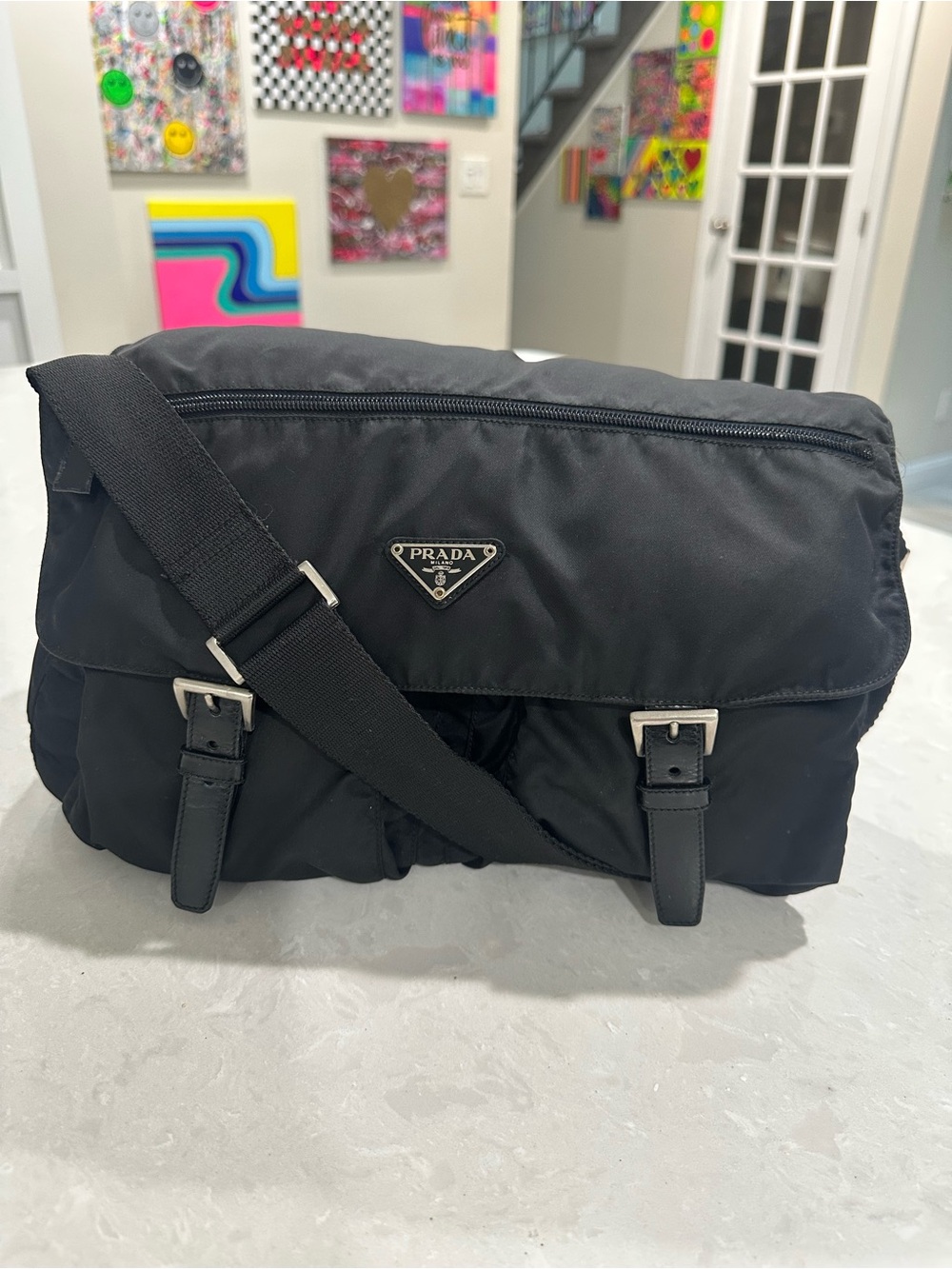 Y2K PRADA classic nylon Black double pocket Messenger Bag adjustable strap